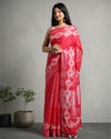 Crimson Slub Linen Saree Batik Print Rubine Red