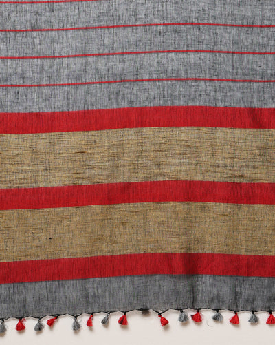 Bold Handwoven Pure Linen Gray Saree Striped Design