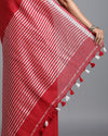 Creative Pure Linen Handloom Saree Red Hand Embroidered