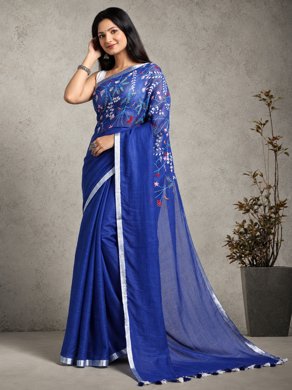 Artistic Pure Linen Handloom Saree Blue Hand Embroidered