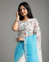 Surreal Pure Linen Saree Hand Embroidered White & Blue