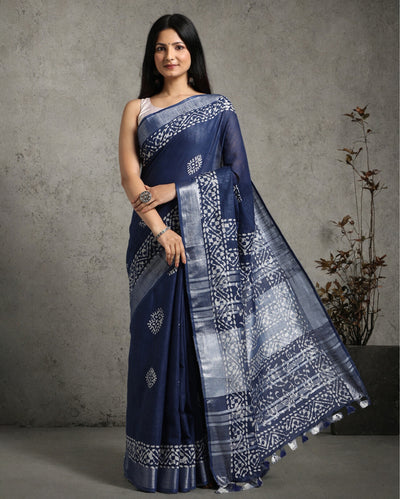 Tranquil Slub Linen Wax Batik Hand Dyed Saree Ink Blue