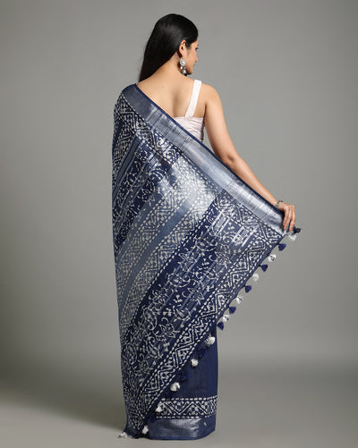 Tranquil Slub Linen Wax Batik Hand Dyed Saree Ink Blue