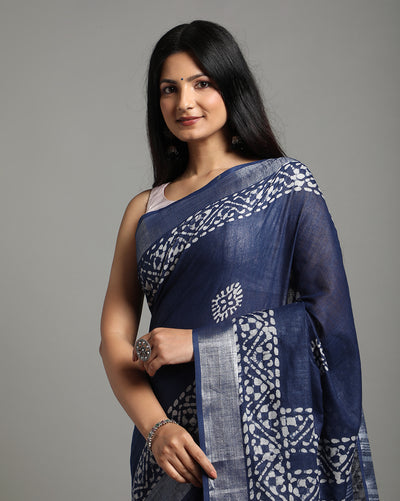 Tranquil Slub Linen Wax Batik Hand Dyed Saree Ink Blue