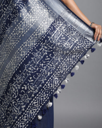 Tranquil Slub Linen Wax Batik Hand Dyed Saree Ink Blue