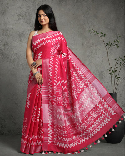 Blushing Slub Linen Wax Batik Hand Dyed Saree Pink