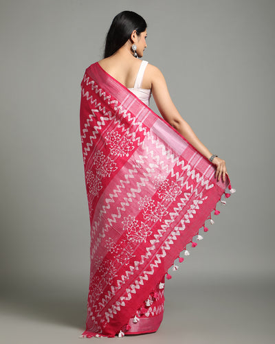 Blushing Slub Linen Wax Batik Hand Dyed Saree Pink