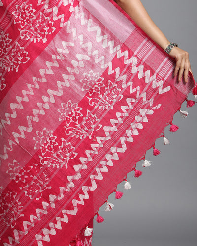 Blushing Slub Linen Wax Batik Hand Dyed Saree Pink