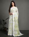 Fresh Slub Linen Batik Print Saree White & Green