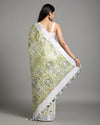 Fresh Slub Linen Batik Print Saree White & Green