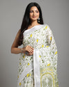 Fresh Slub Linen Batik Print Saree White & Green