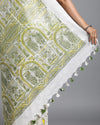 Fresh Slub Linen Batik Print Saree White & Green