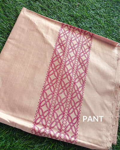Katan Silk Handblock Printed Suit Piece Beige And Red Color with Bottom and Dupatta Handcrafted-Indiehaat