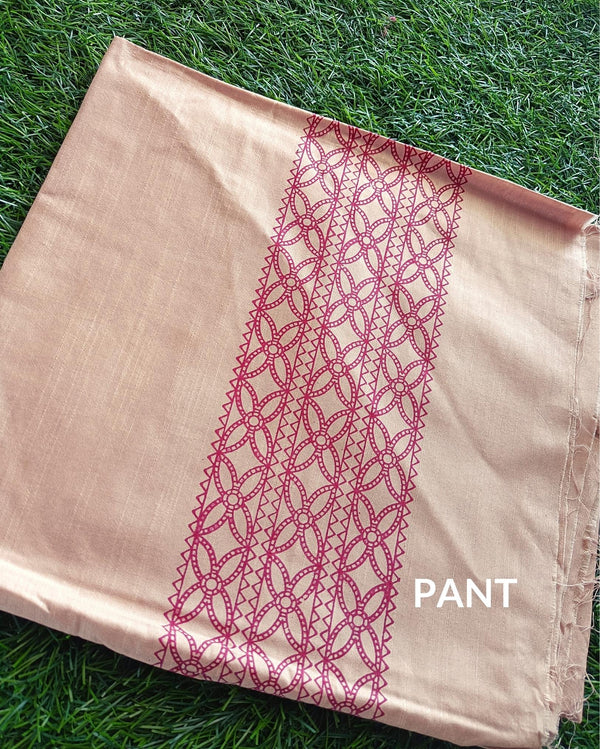 Katan Silk Handblock Printed Suit Piece Beige And Red Color with Bottom and Dupatta Handcrafted-Indiehaat