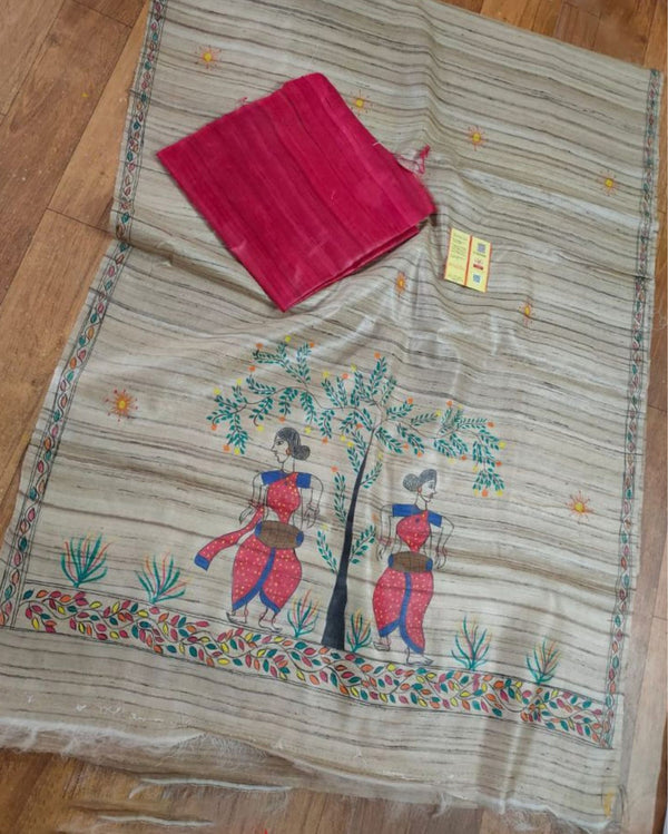 Silkmark Tussar Beige Madhubani Radiating Dupatta & Red Top