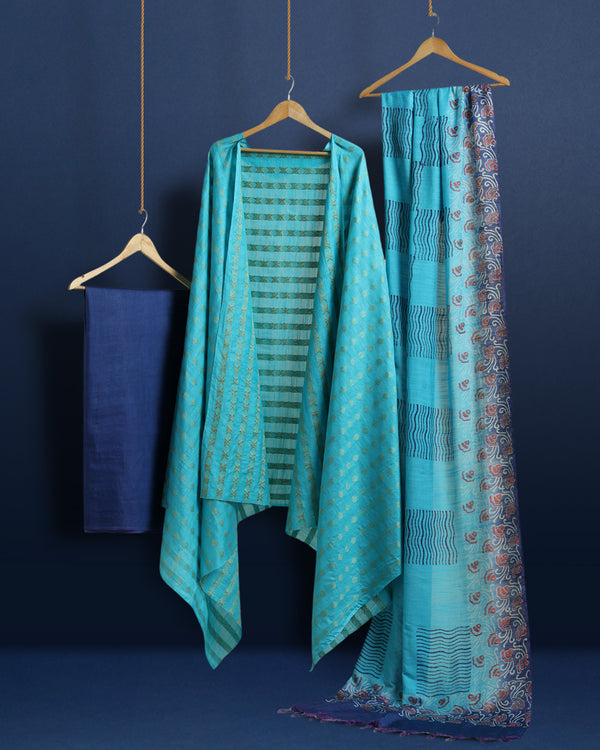 Katan Silk Inspiring Blockprint Blue Suit