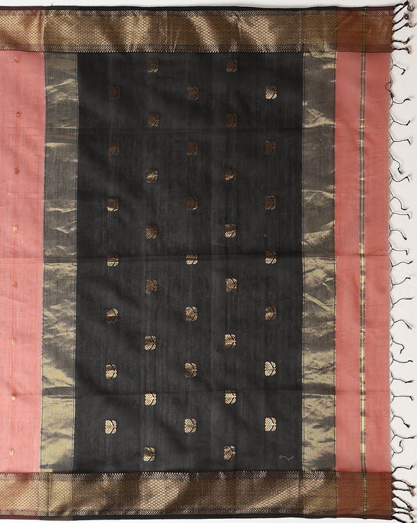 Quaint Pure Maheshwari Silk Handloom Saree Brown & Black