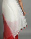 Serene Pure Linen Handloom Saree White & Red Embroidered