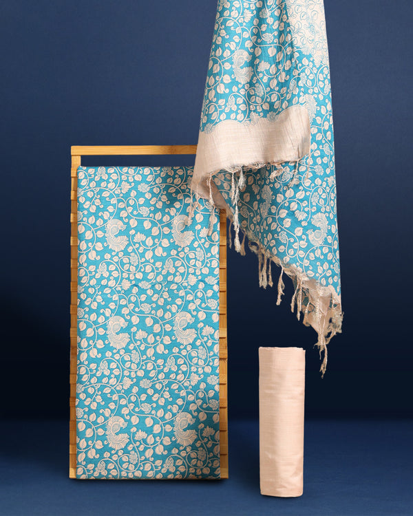 Katan Silk Radiating Blockprint Royal Blue Suit