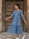 Indiehaat | Blockprinted Cotton Frill Dress Blue