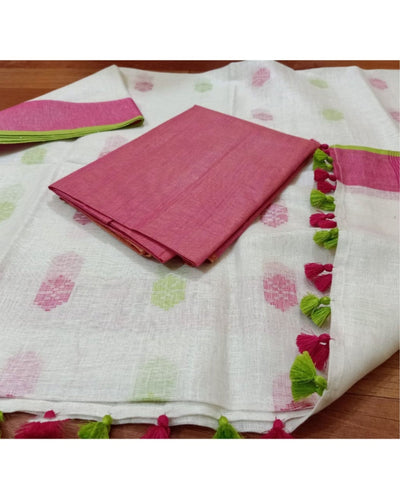 Pure Linen Vivid White Dupatta & Katan Silk Pink Top Set