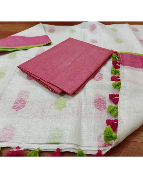 Pure Linen Vivid White Dupatta & Katan Silk Pink Top Set