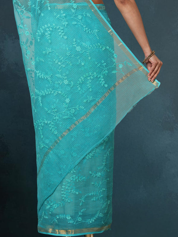 Pure Cotton Kota Doria Saree Blue Jaal Embroidery