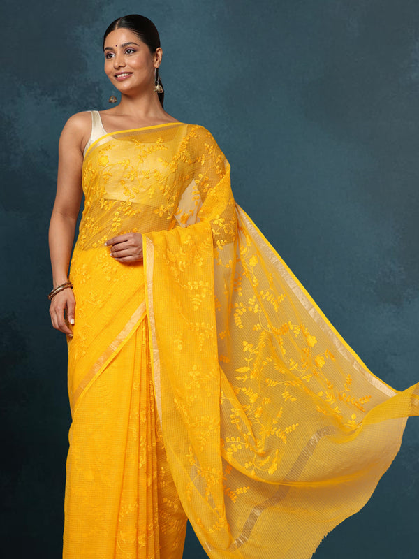 Pure Cotton Kota Doria Saree Yellow Jaal Embroidery