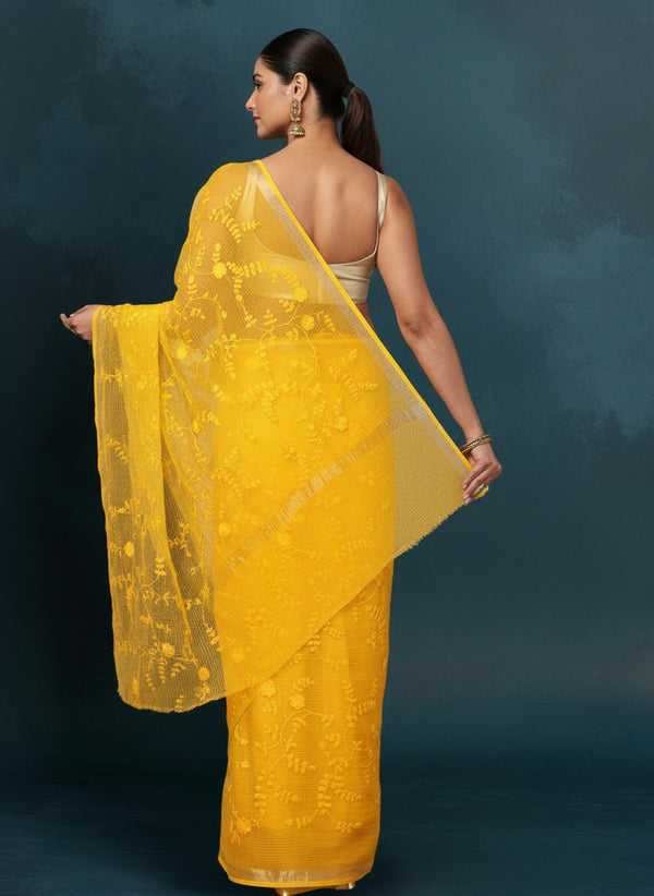 Pure Cotton Kota Doria Saree Yellow Jaal Embroidery