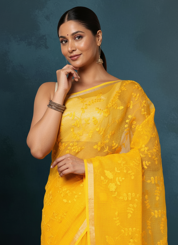 Pure Cotton Kota Doria Saree Golden Yellow Jaal Embroidery
