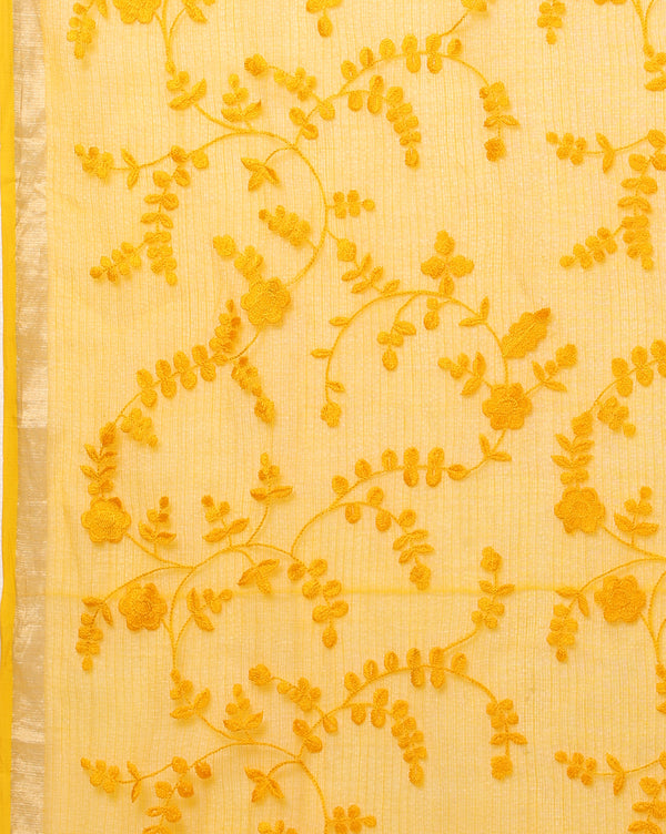 Pure Cotton Kota Doria Saree Yellow Jaal Embroidery