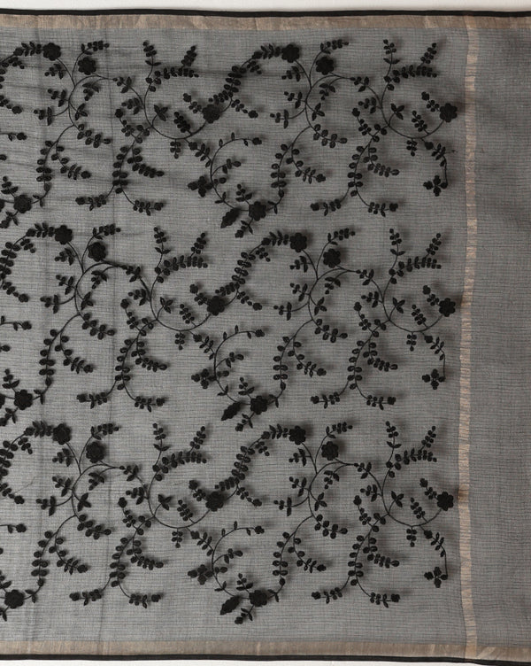 Pure Cotton Kota Doria Saree Black Jaal Embroidery