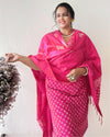 Katan Silk Handblock Printed Suit Piece Pink Color with Bottom and Dupatta Handcrafted-Indiehaat