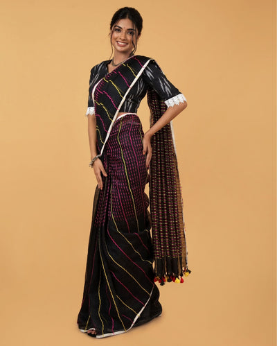 Shining Pure Linen Kantha Work Saree Black