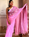 Pure Linen Saree Handloom Hand Embroidered Pink color with attached Running Blouse-Indiehaat