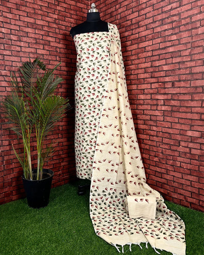 Indiehaat | Khadi Silk Beige Suit Leafy Printed Top+Bottom+Dupatta