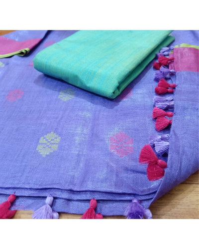 Pure Linen Lively Purple Dupatta & Katan Silk Green Top Set