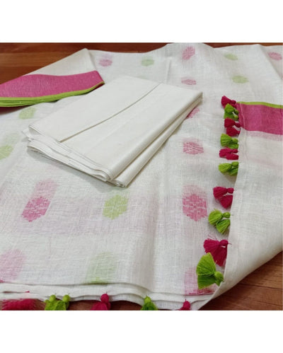 Pure Linen Bold White Dupatta & Katan Silk White Top Set