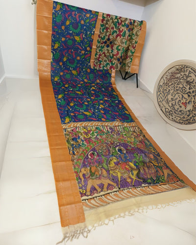 Indiehaat | Mangalagiri Handpainted Silk Saree Multicolor