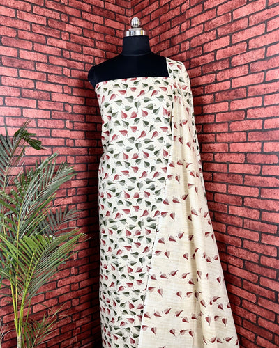 Indiehaat | Khadi Silk Beige Suit Leafy Printed Top+Bottom+Dupatta