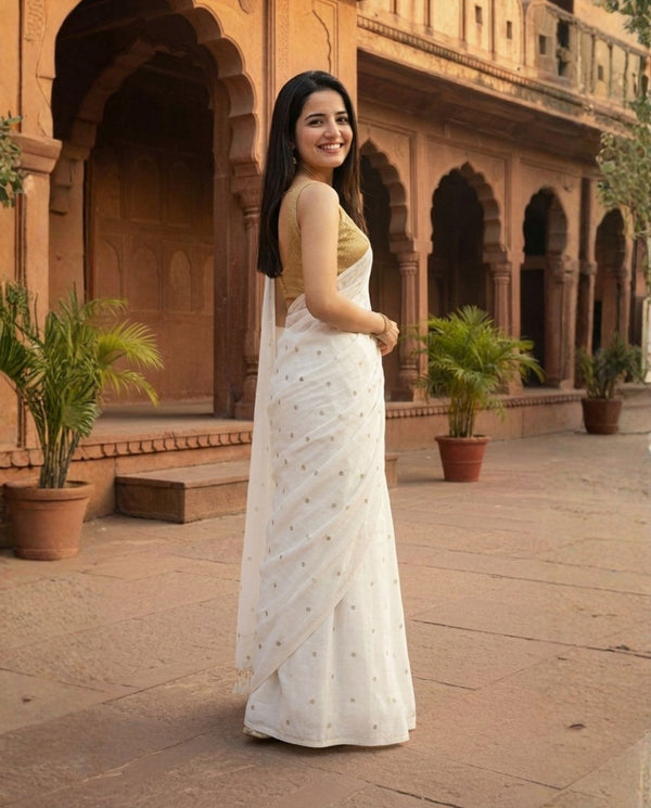 Indiehaat | Pure Mul Cotton Sequin Saree White