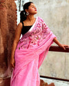 Pure Linen Saree Handloom Hand Embroidered Pink color with attached Running Blouse-Indiehaat