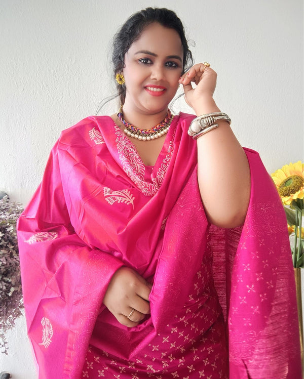 Katan Silk Handblock Printed Suit Piece Pink Color with Bottom and Dupatta Handcrafted-Indiehaat