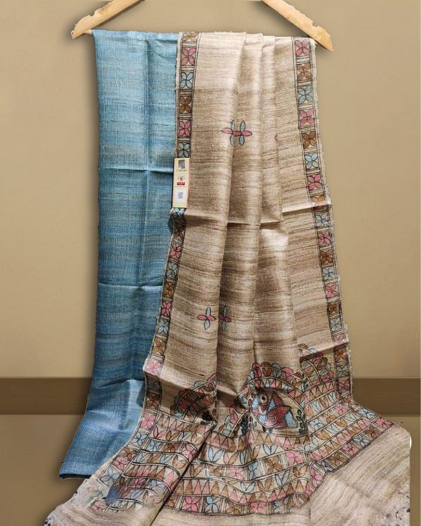 Silkmark Tussar Beige Madhubani Timeless Dupatta & Blue Top