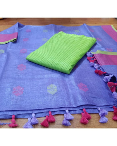 Pure Linen Beaming Purple Dupatta & Katan Silk Green Top Set