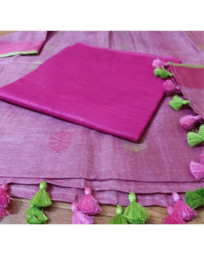 Pure Linen Poetic Purple Dupatta & Katan Silk Pink Top Set