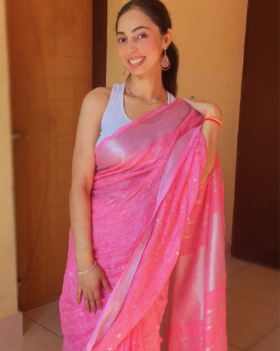 Ethereal Pure Linen Embroidered Handloom Pink Saree
