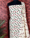 Indiehaat | Khadi Silk Beige Suit Leafy Printed Top+Bottom+Dupatta