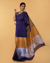 Silk Linen Plain Saree Dark Blue Color with contrast border and attached Running Blouse-Indiehaat