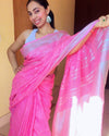 Ethereal Pure Linen Embroidered Handloom Pink Saree